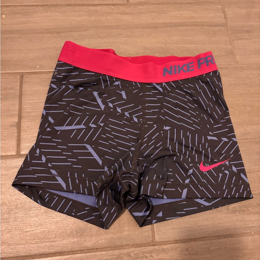 Nike Pro Black and Pink Patterned Shorts with Red Waistband